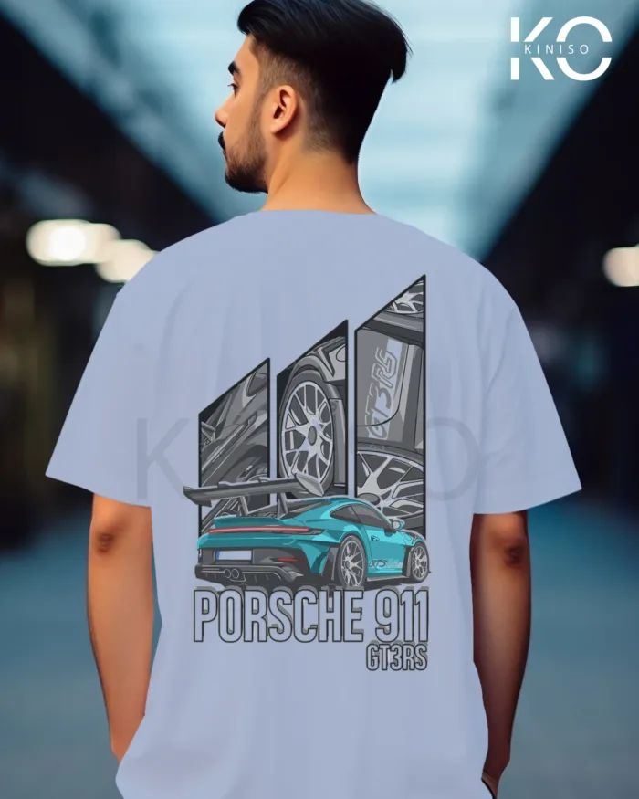 Graphic car t shirts for guys with Porsche 911 Blue Style Printed - Image 3