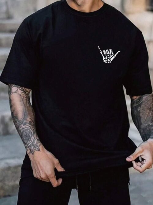 🖤 Men's Black Graphic T-Shirt – Skeleton Hand Sign Print